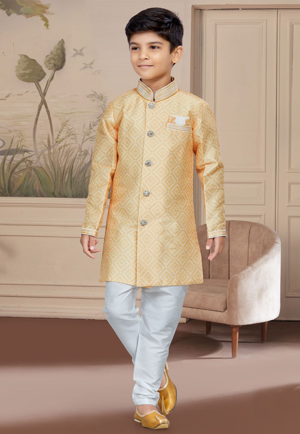 Beige Silk Readymade Kids Indo Western Sherwani 267579