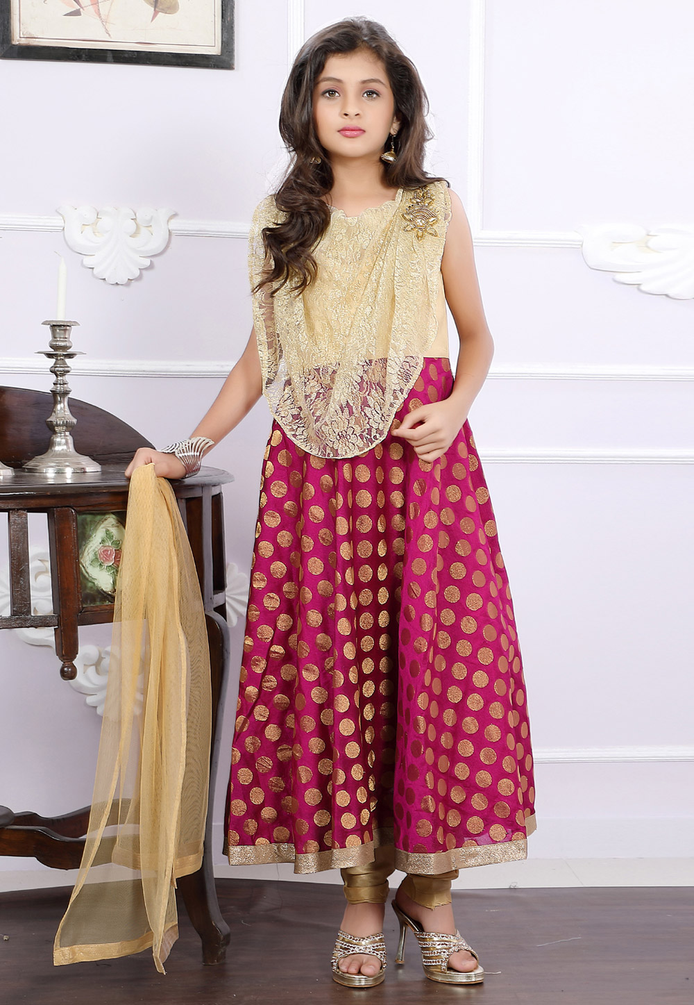 Magenta Net Readymade Kids Anarkali Salwar Kameez 171707