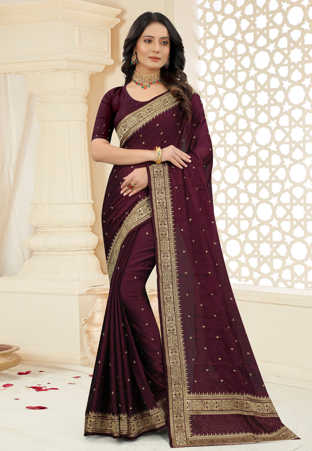 Wine Silk Embroidered Saree 244535