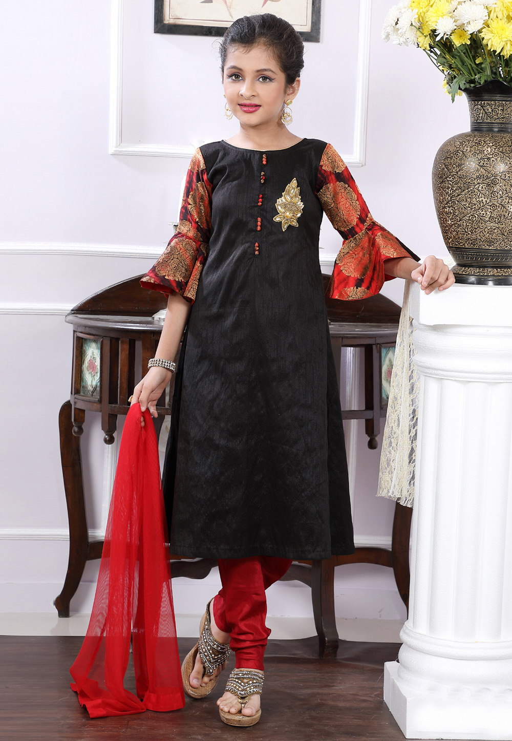 Black Art Silk Readymade Kids Salwar Kameez 171715