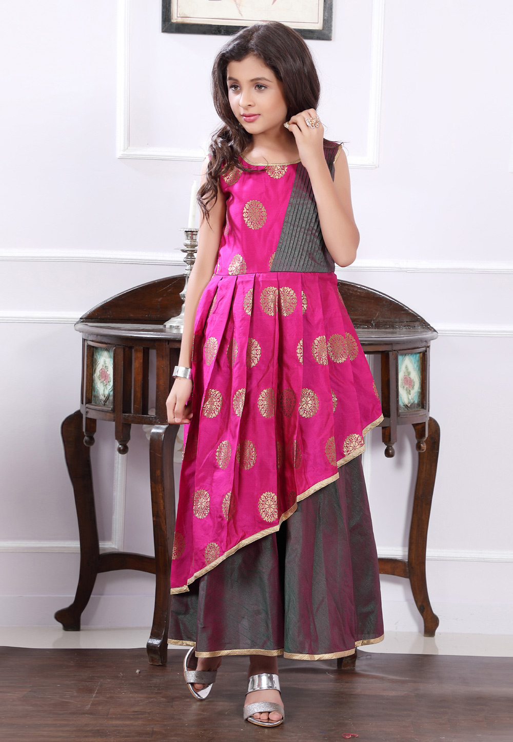 Magenta Brocade Readymade Kids Gown 171724