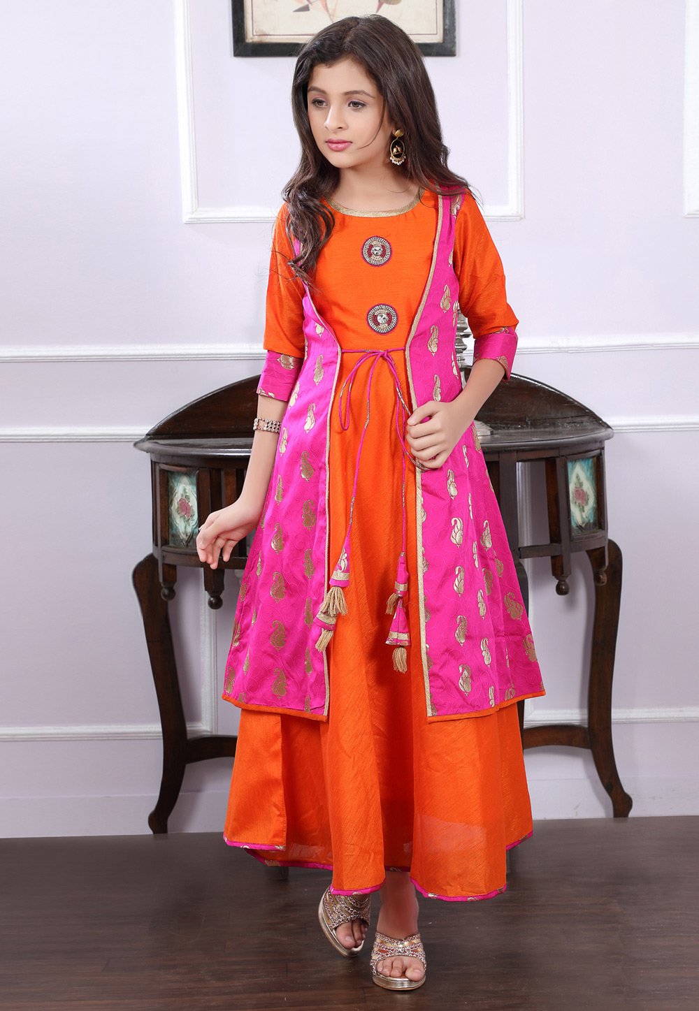 Orange Art Silk Readymade Kids Gown 171725