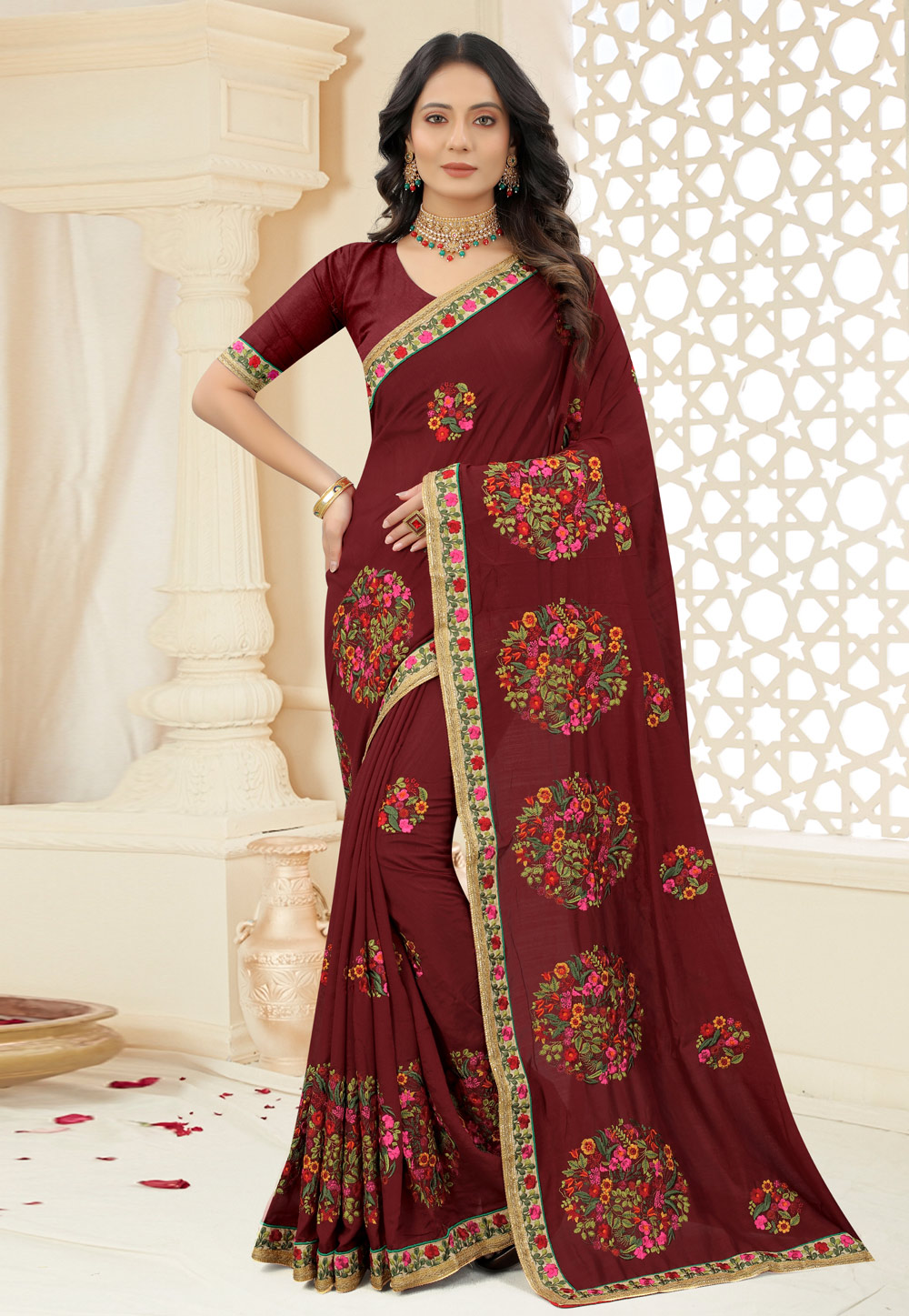 Maroon Silk Embroidered Saree 244537