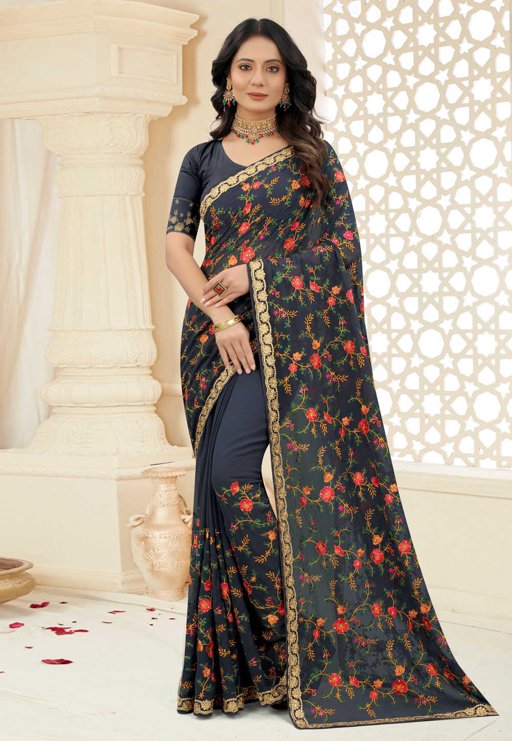 Grey Georgette Embroidered Saree 244538