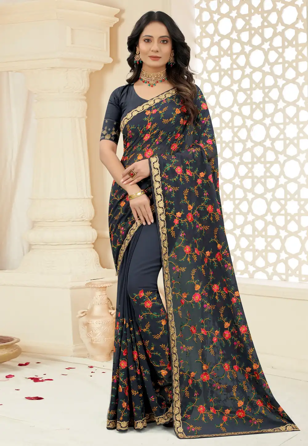 Grey Georgette Embroidered Saree 244538