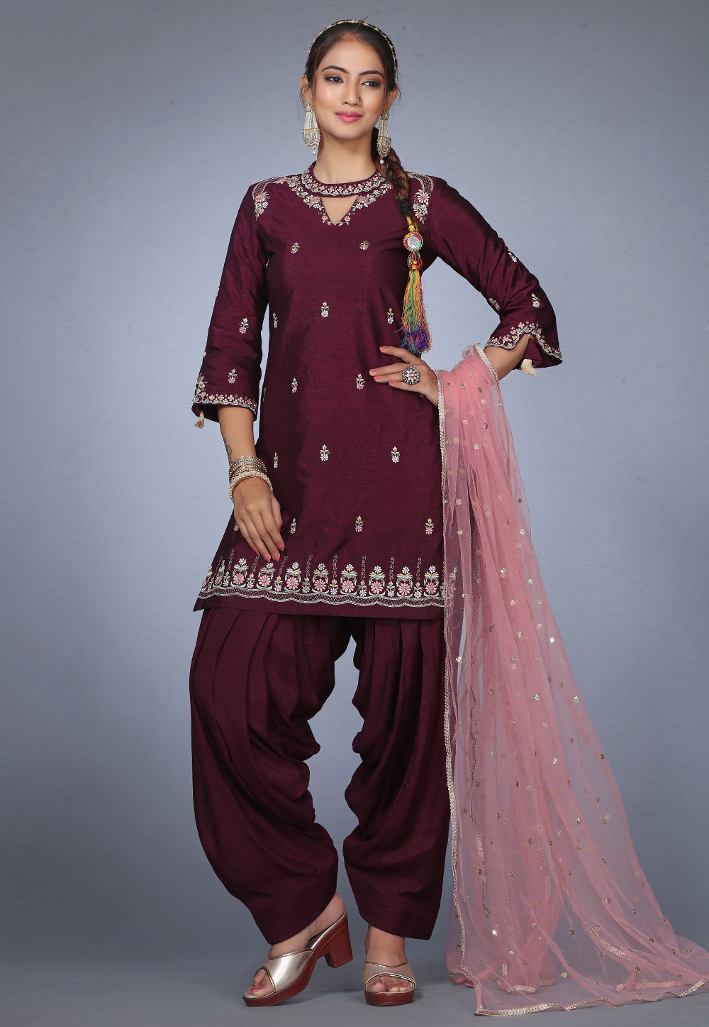 Wine Raw Silk Patiala Suit 271194