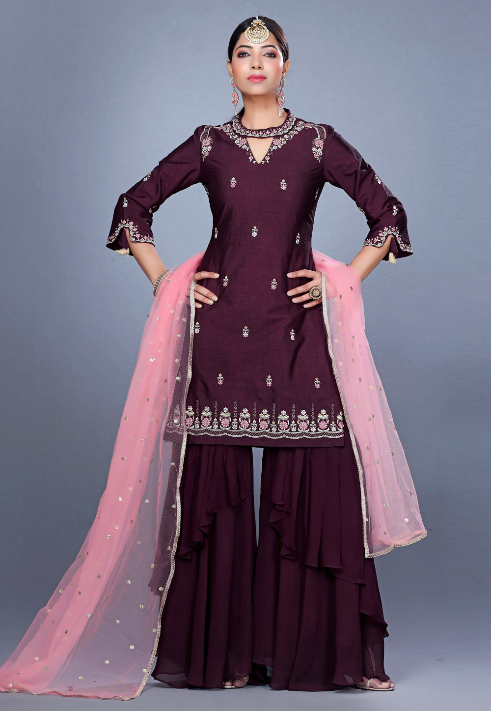 Wine Raw Silk Pakistani Suit 271227