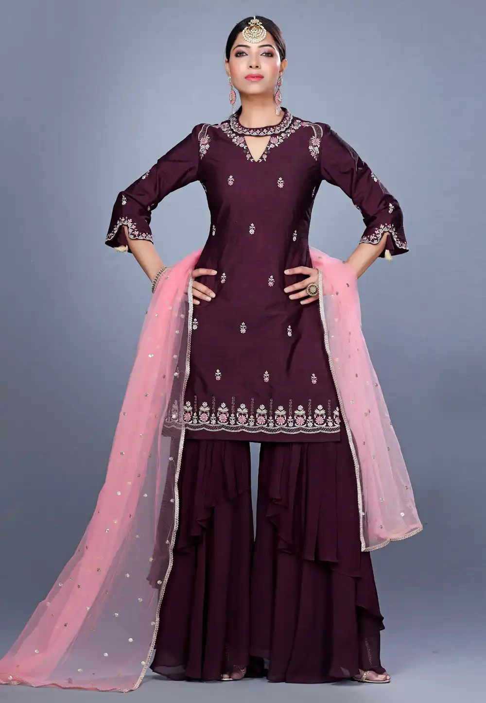 Wine Raw Silk Pakistani Suit 271227