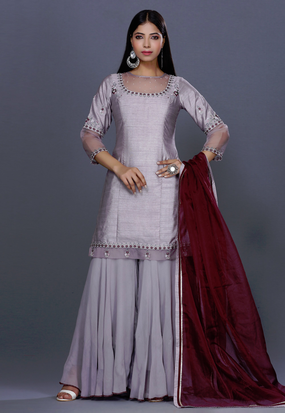 Grey Raw Silk Sharara Suit 271229