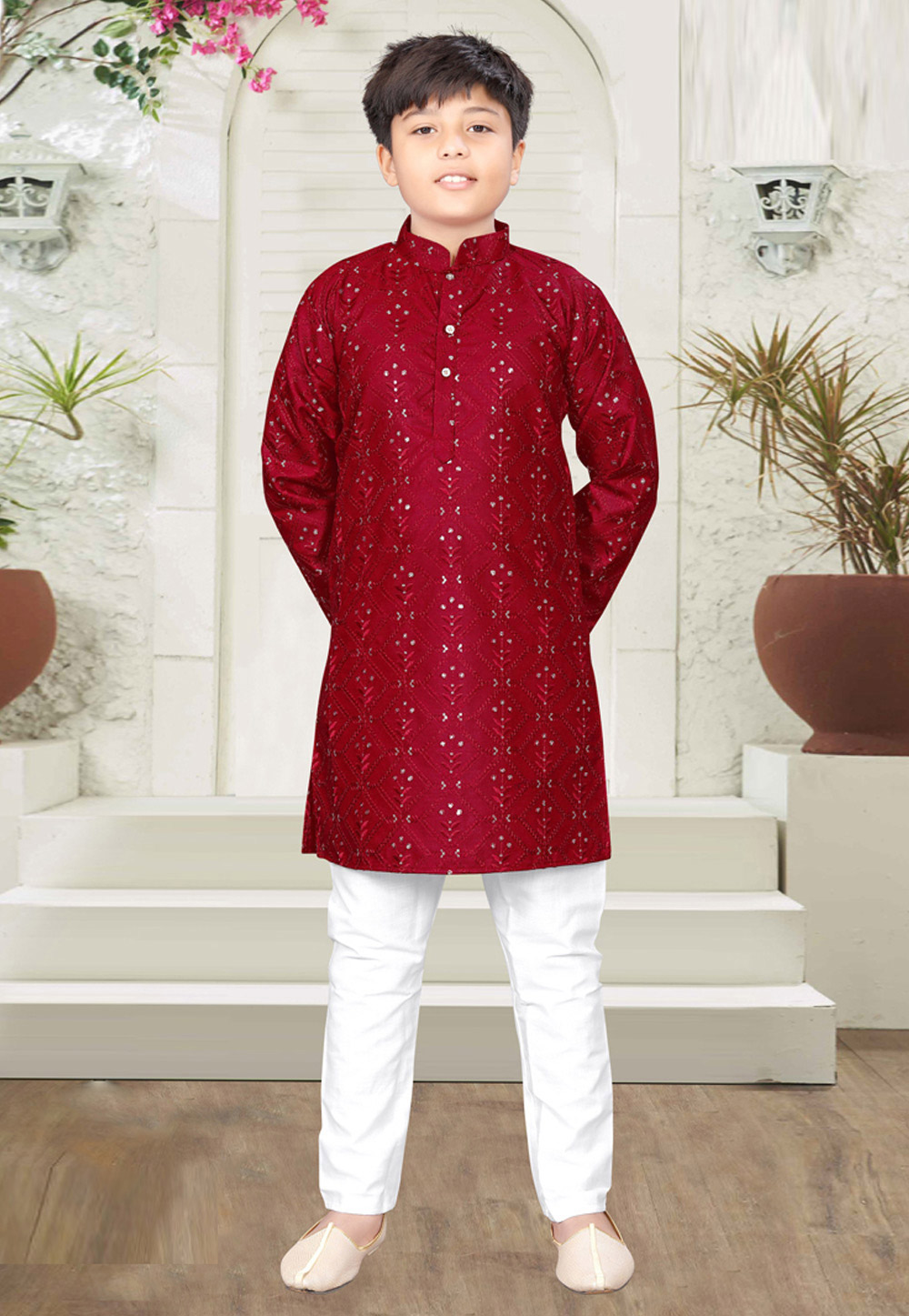 Maroon Cotton Readymade Kids Kurta Pajama 261499