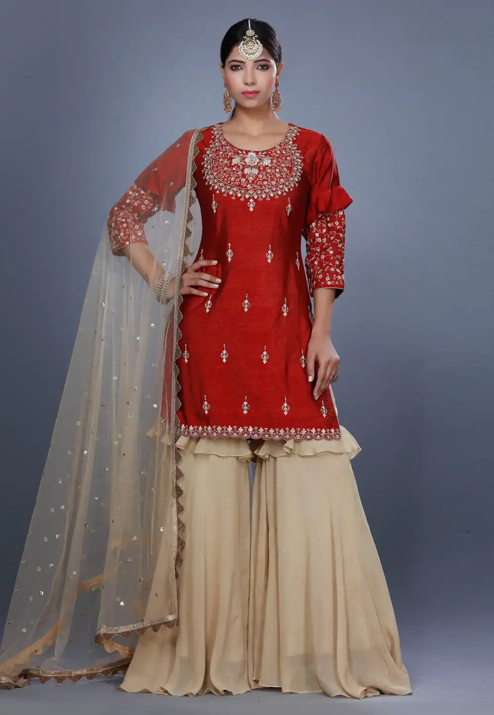 Red Raw Silk Sharara Suit 271233