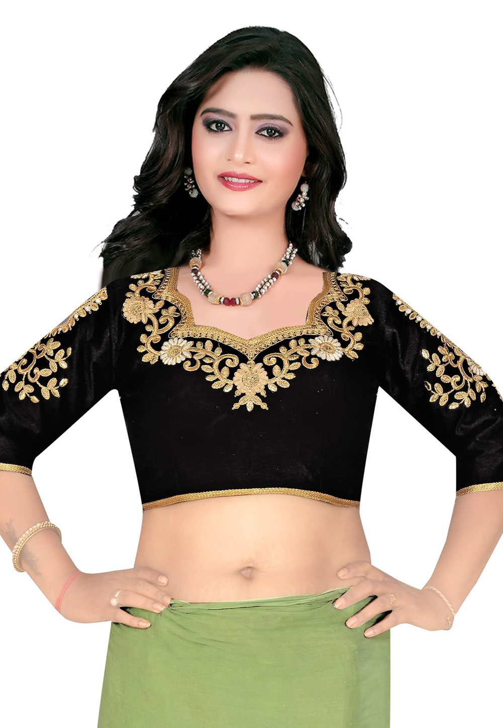 Black Silk Readymade Embroidered Blouse 180088