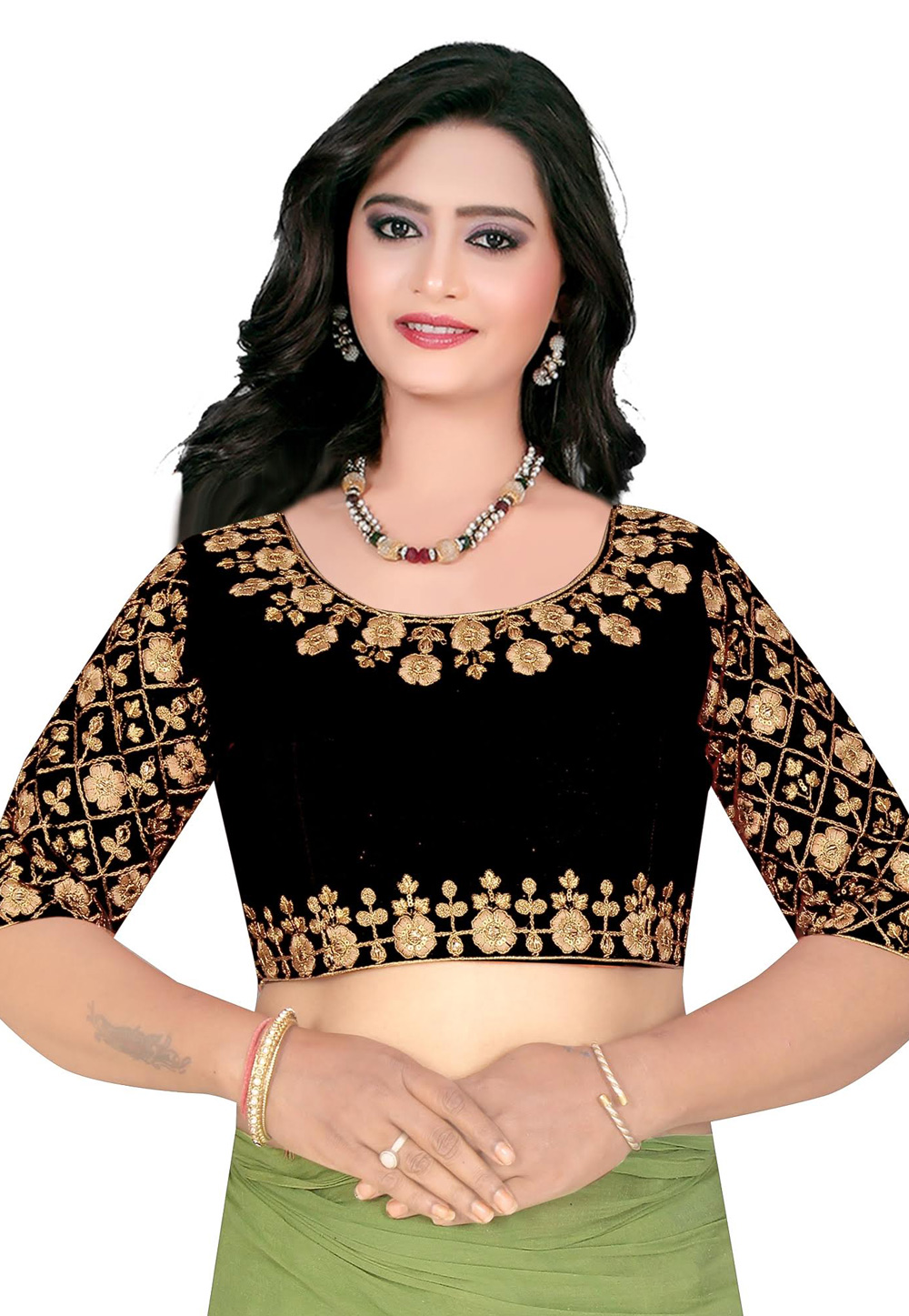 Black Silk Readymade Embroidered Blouse 180099