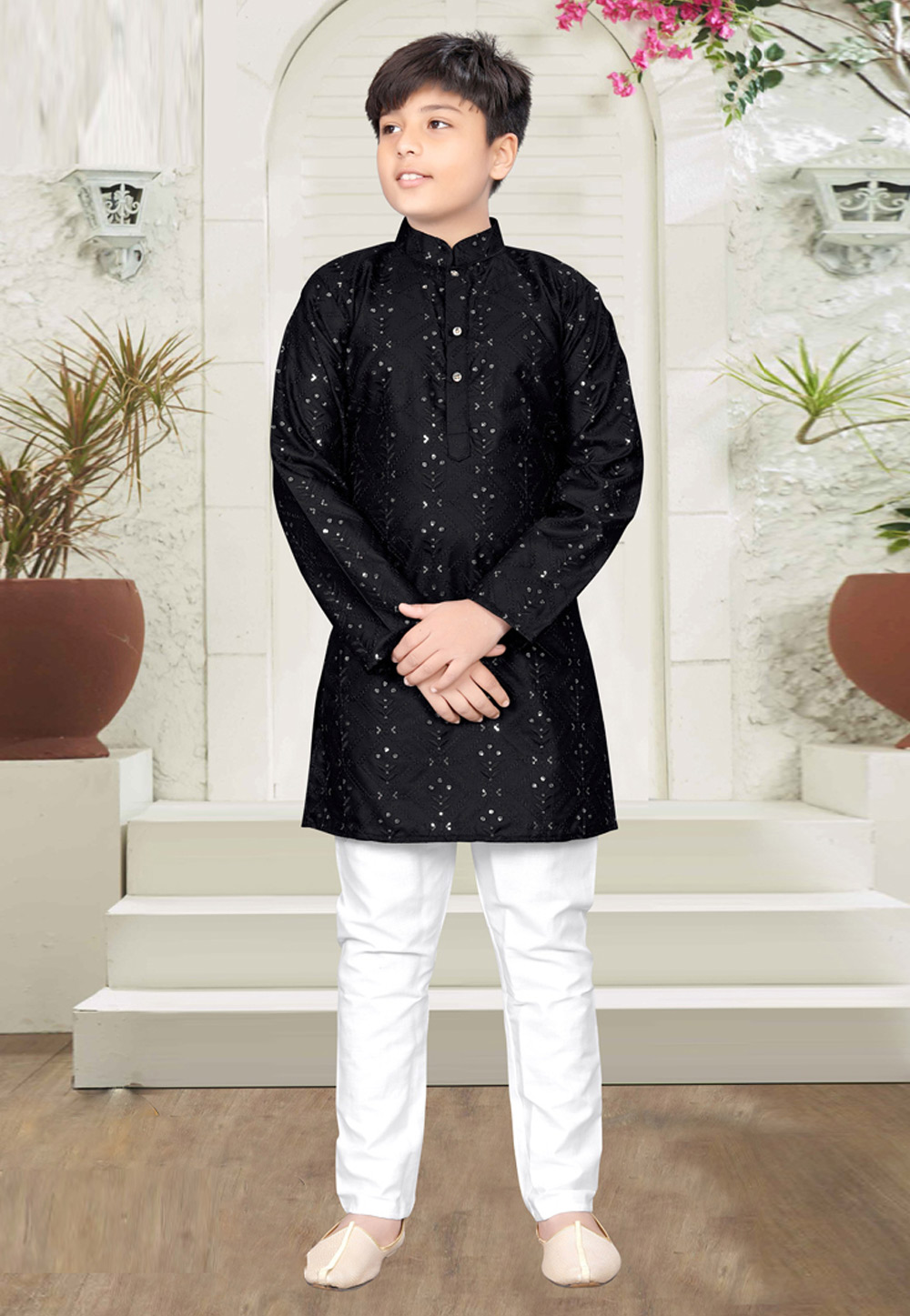 Black Cotton Readymade Kids Kurta Pajama 261500