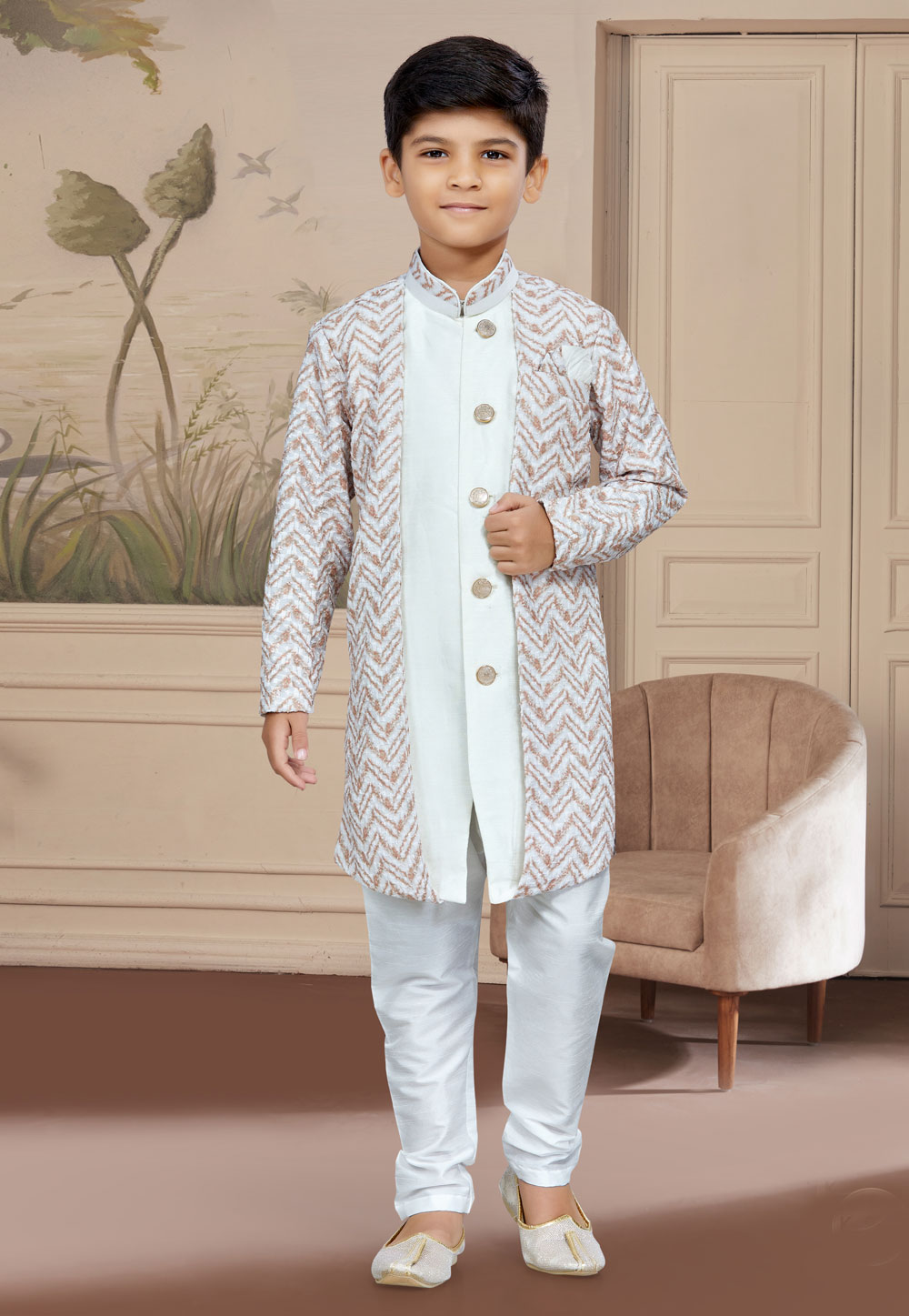 White Jacquard Kids Indo Western Suit 267581