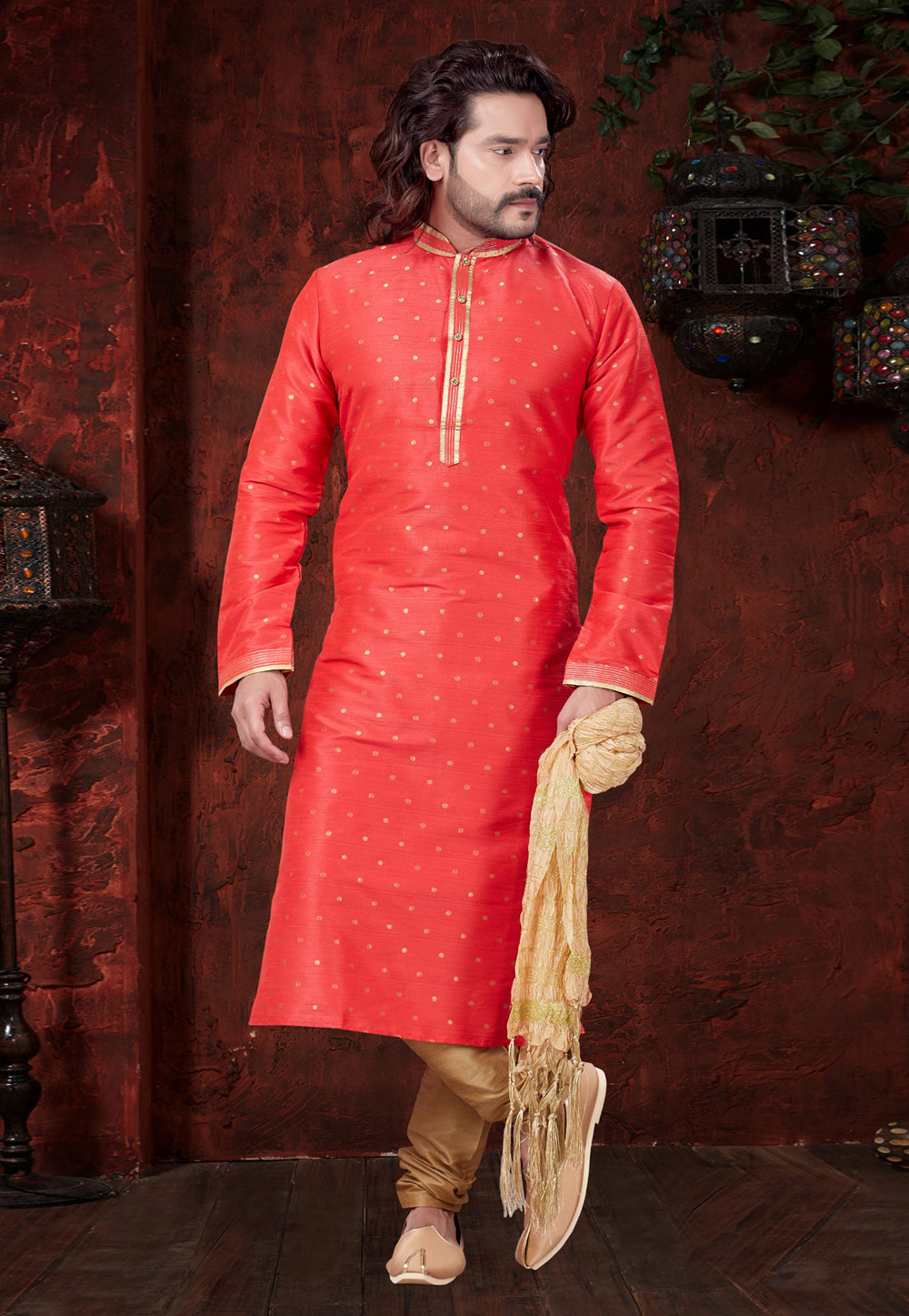 Red Silk Readymade Kurta Pajama 166826