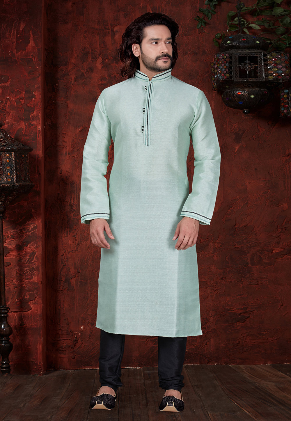 Light Blue Silk Readymade Kurta Pajama 166827