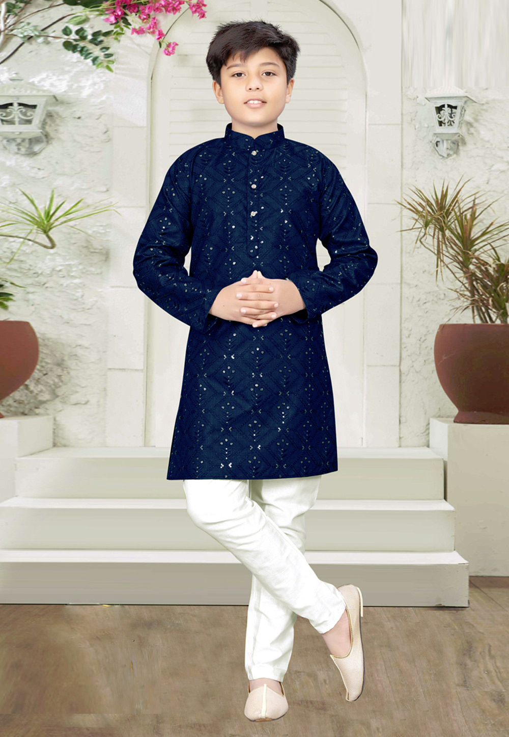 Navy Blue Cotton Readymade Kids Kurta Pajama 261501