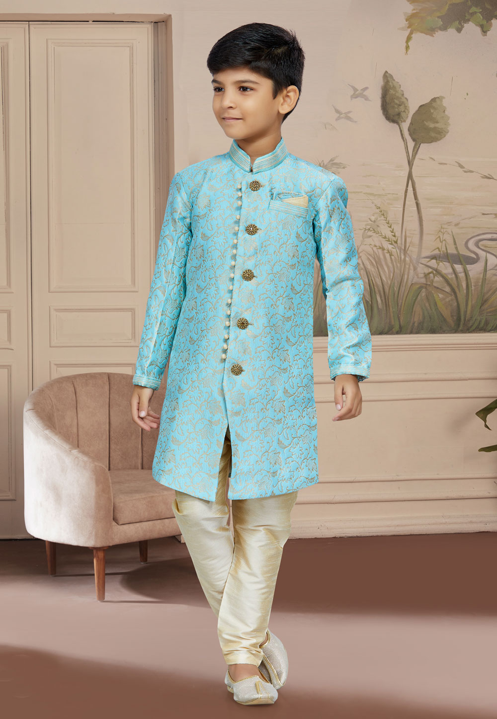 Sky Blue Banarasi Jacquard Readymade Kids Indo Western Sherwani 267582