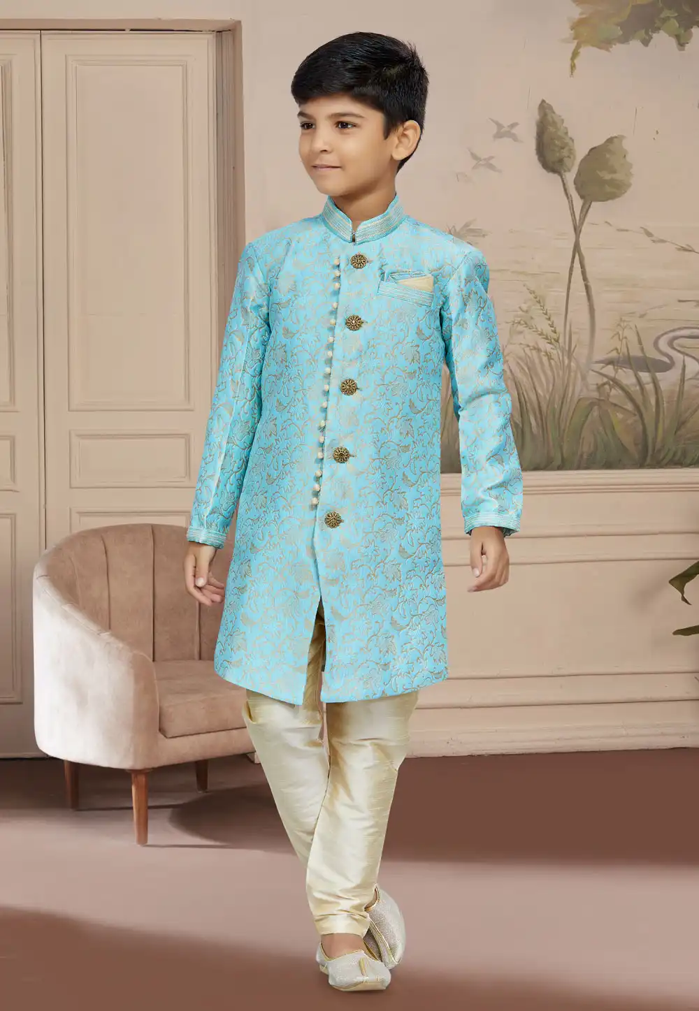 Sky Blue Banarasi Jacquard Readymade Kids Indo Western Sherwani 267582