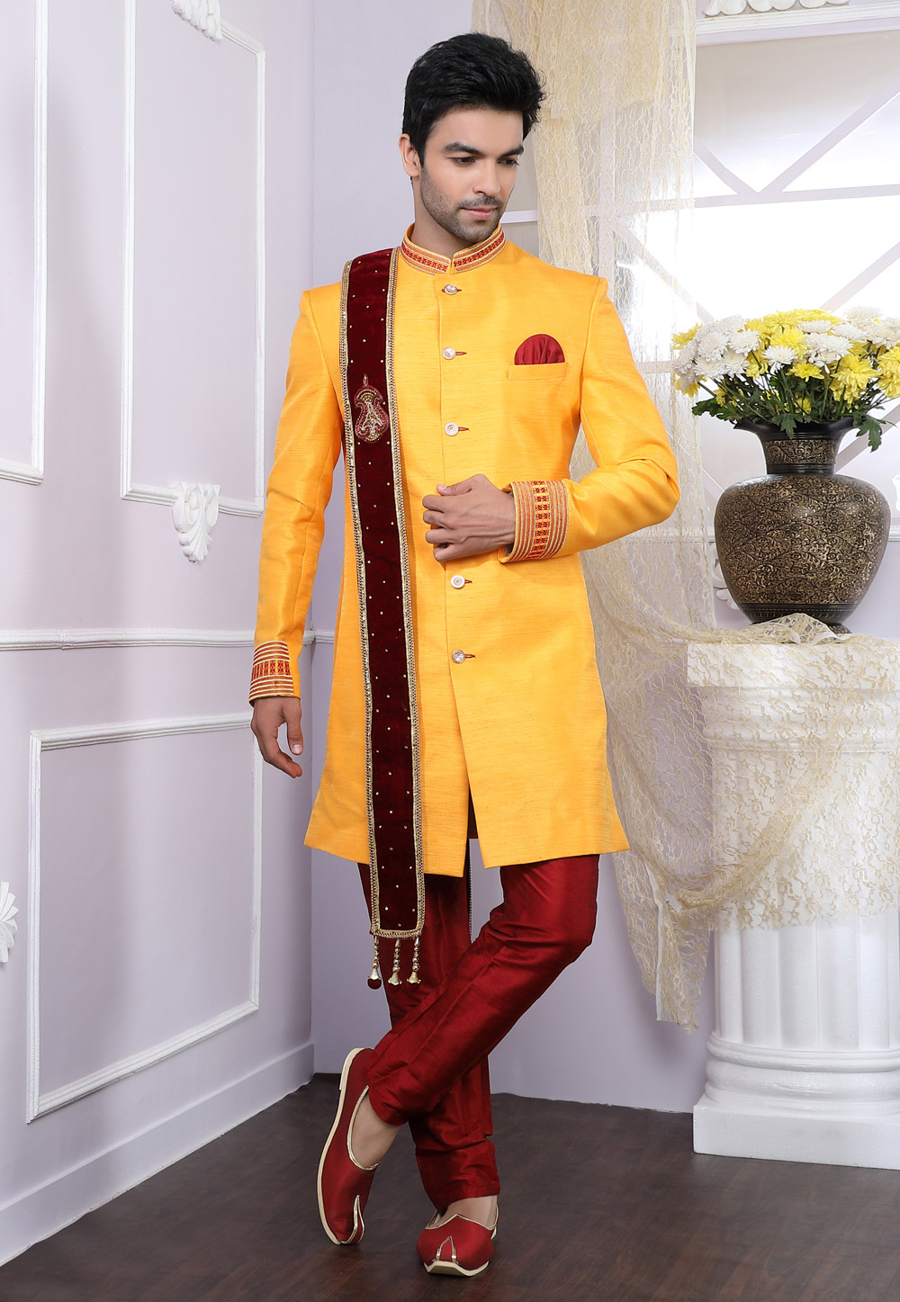 Yellow Banglori Silk Readymade Indo Western Suit 166981
