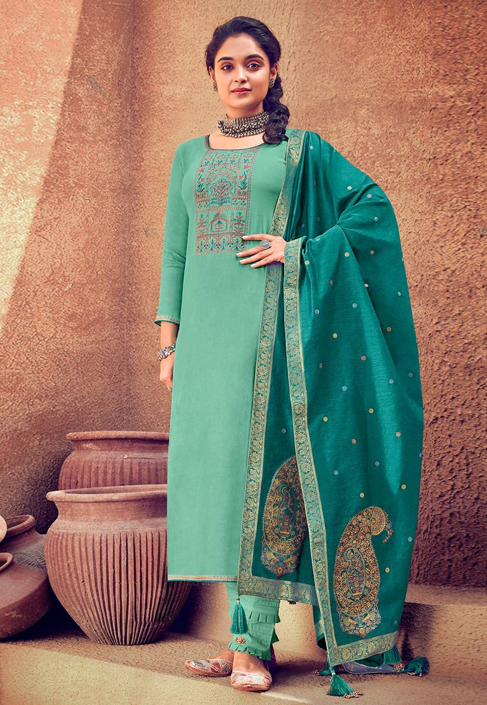 Sea Green Viscose Kameez With Pant 207584