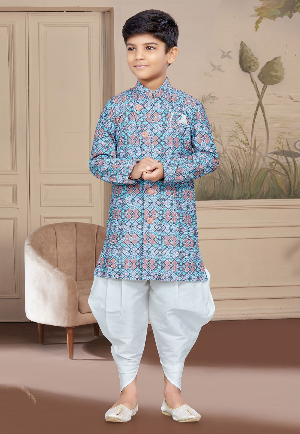 Sky Blue Jacquard Kids Indo Western Suit 267584