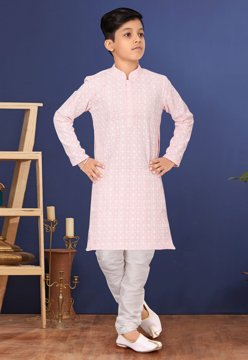 Light Pink Georgette Kids Kurta Pajama 271918