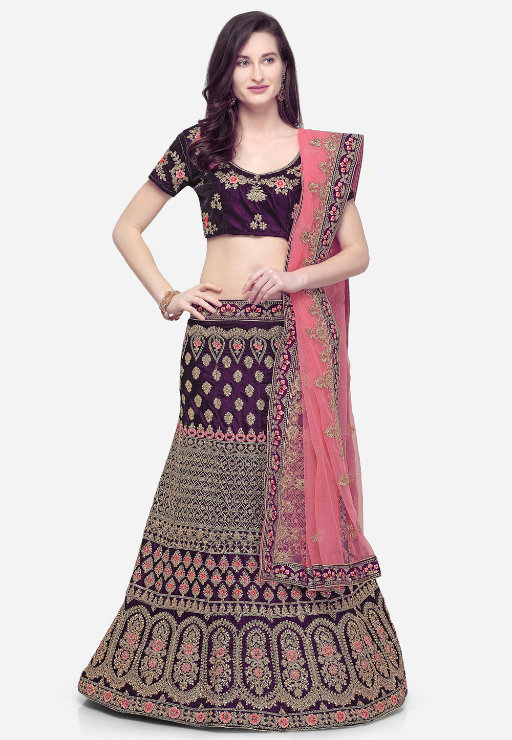 Purple Velvet Embroidered A Line Lehenga Choli 167457