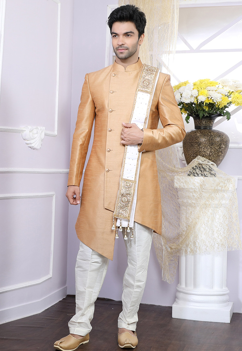 Golden Art Silk Readymade Indo Western Suit 166983