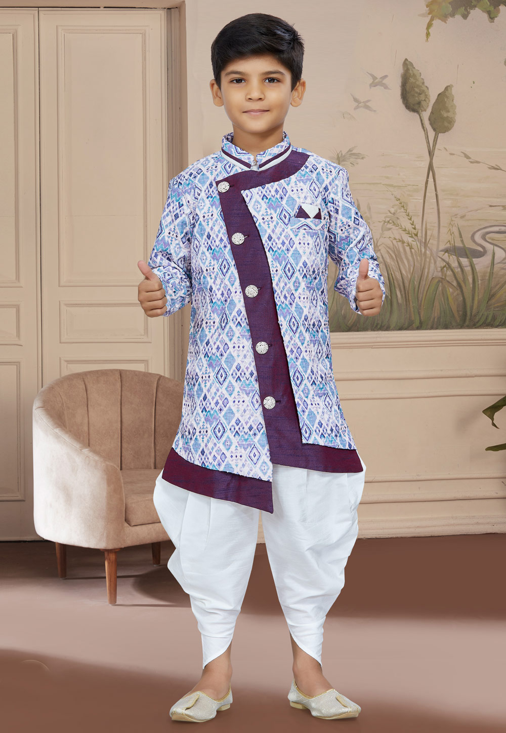 Sky Blue Jacquard Kids Indo Western Suit 267586