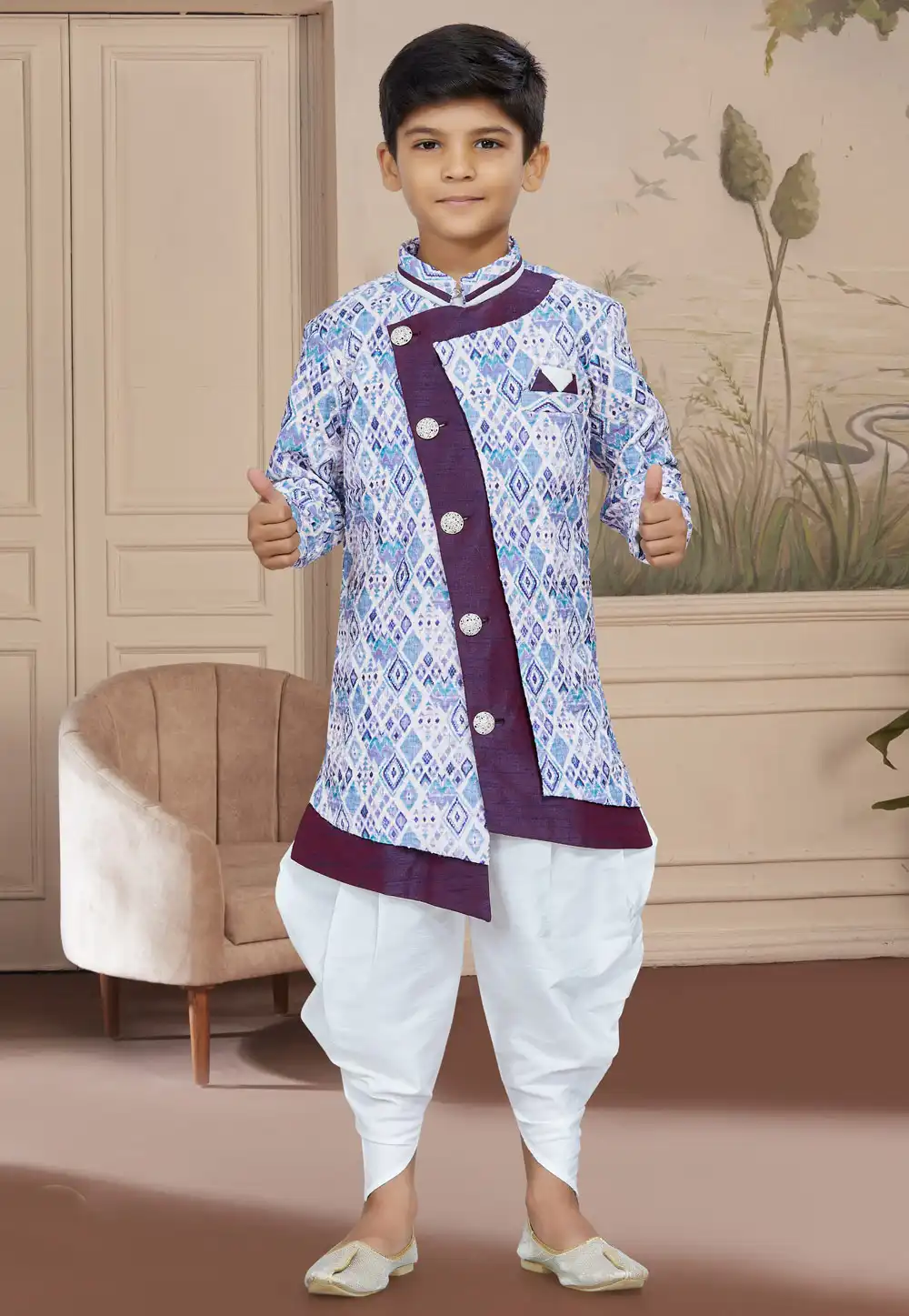 Sky Blue Jacquard Kids Indo Western Suit 267586
