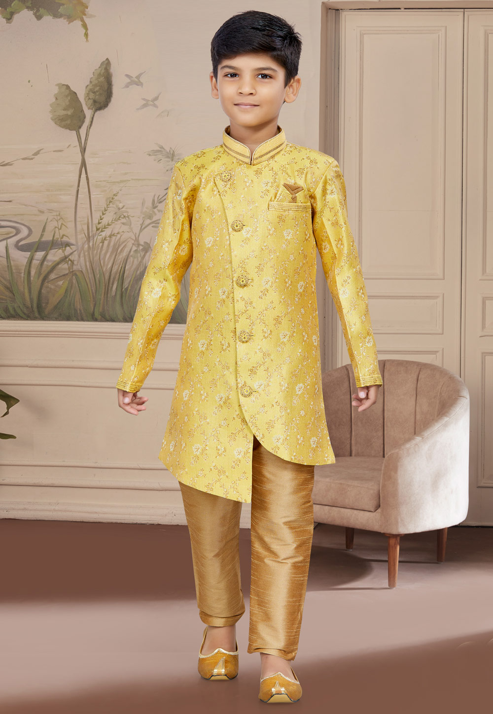 Yellow Banarasi Jacquard Readymade Kids Indo Western Sherwani 267587