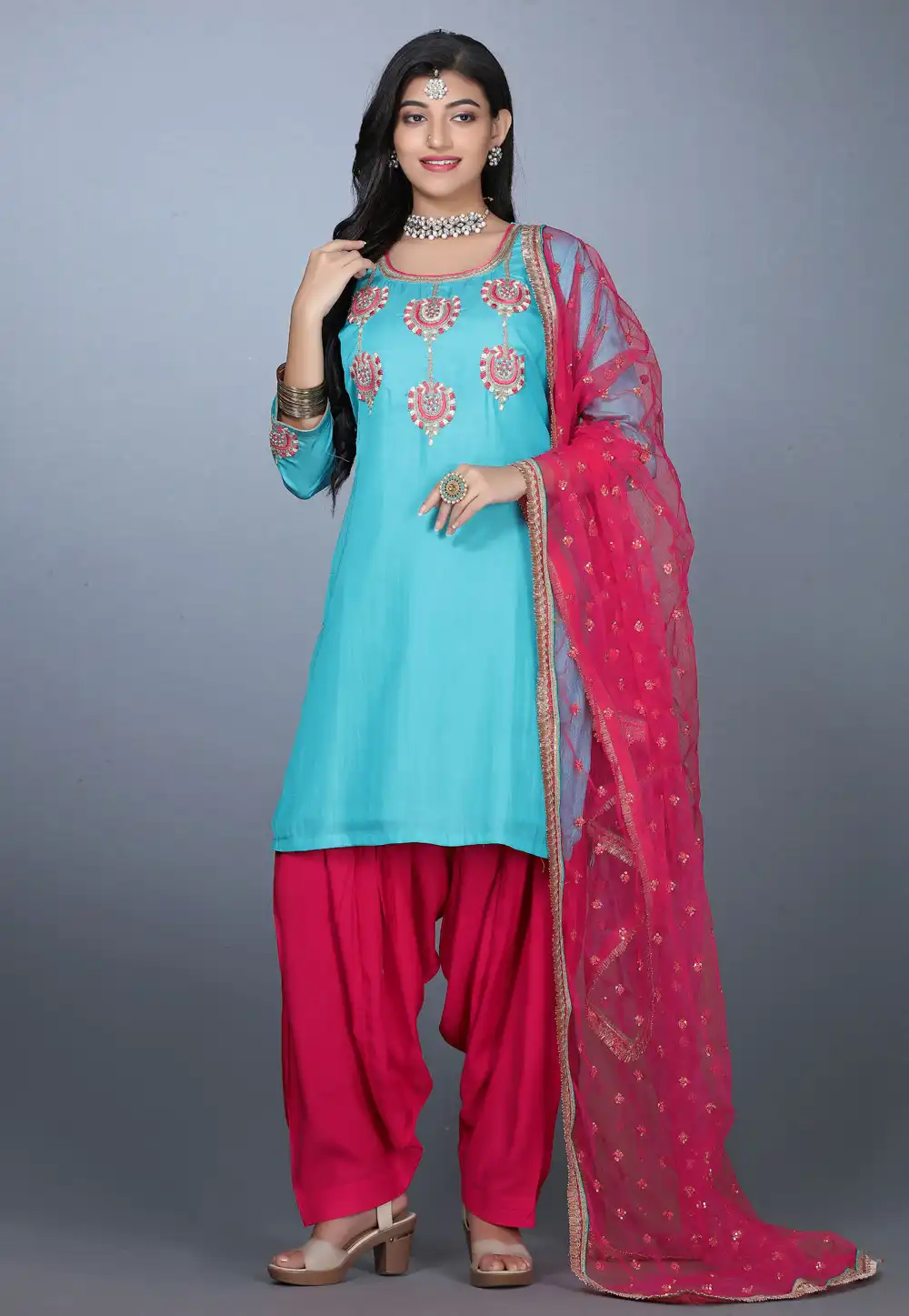Sky Blue Art Silk Handwork Patiala Suit 240147