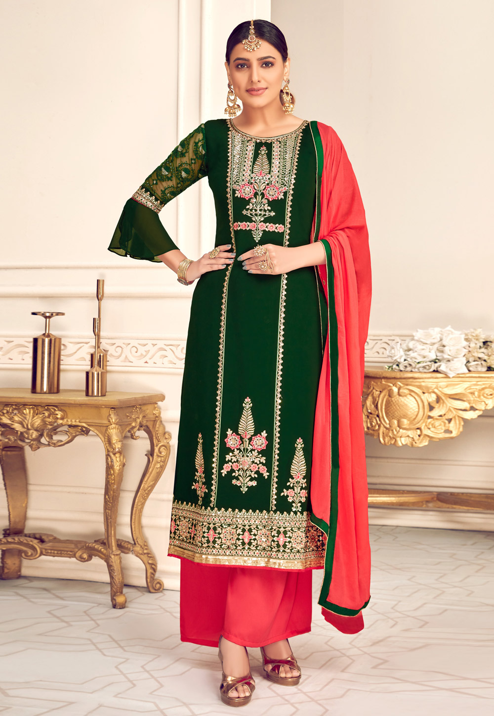 Green Viscose Georgette Palazzo Suit 210363