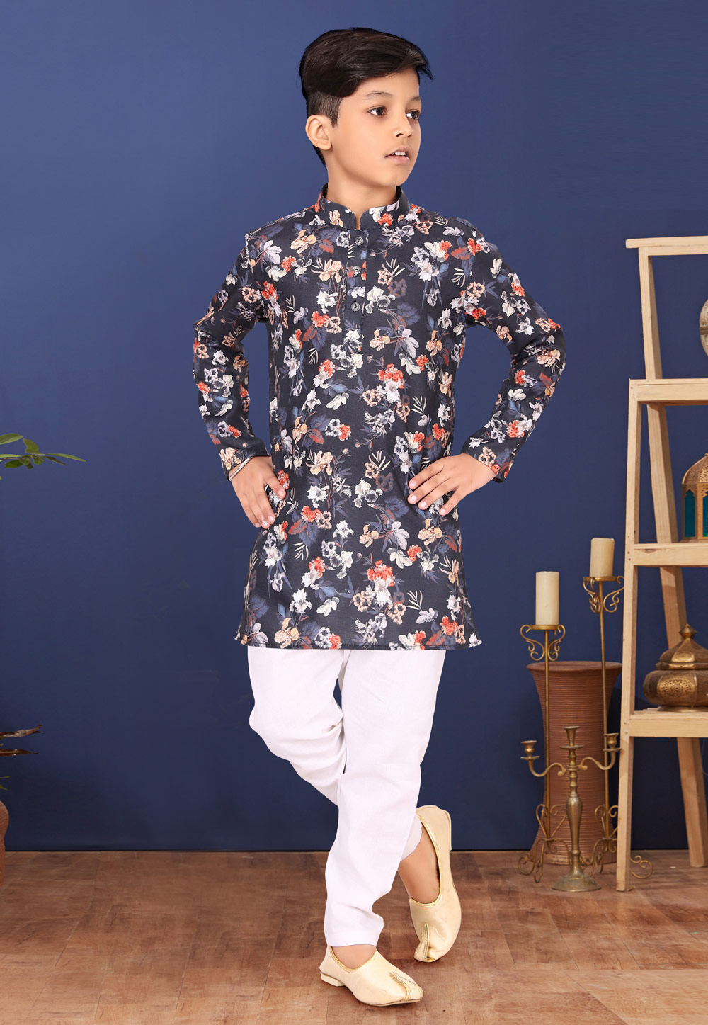 Navy Blue Cotton Kids Kurta Pajama 271926