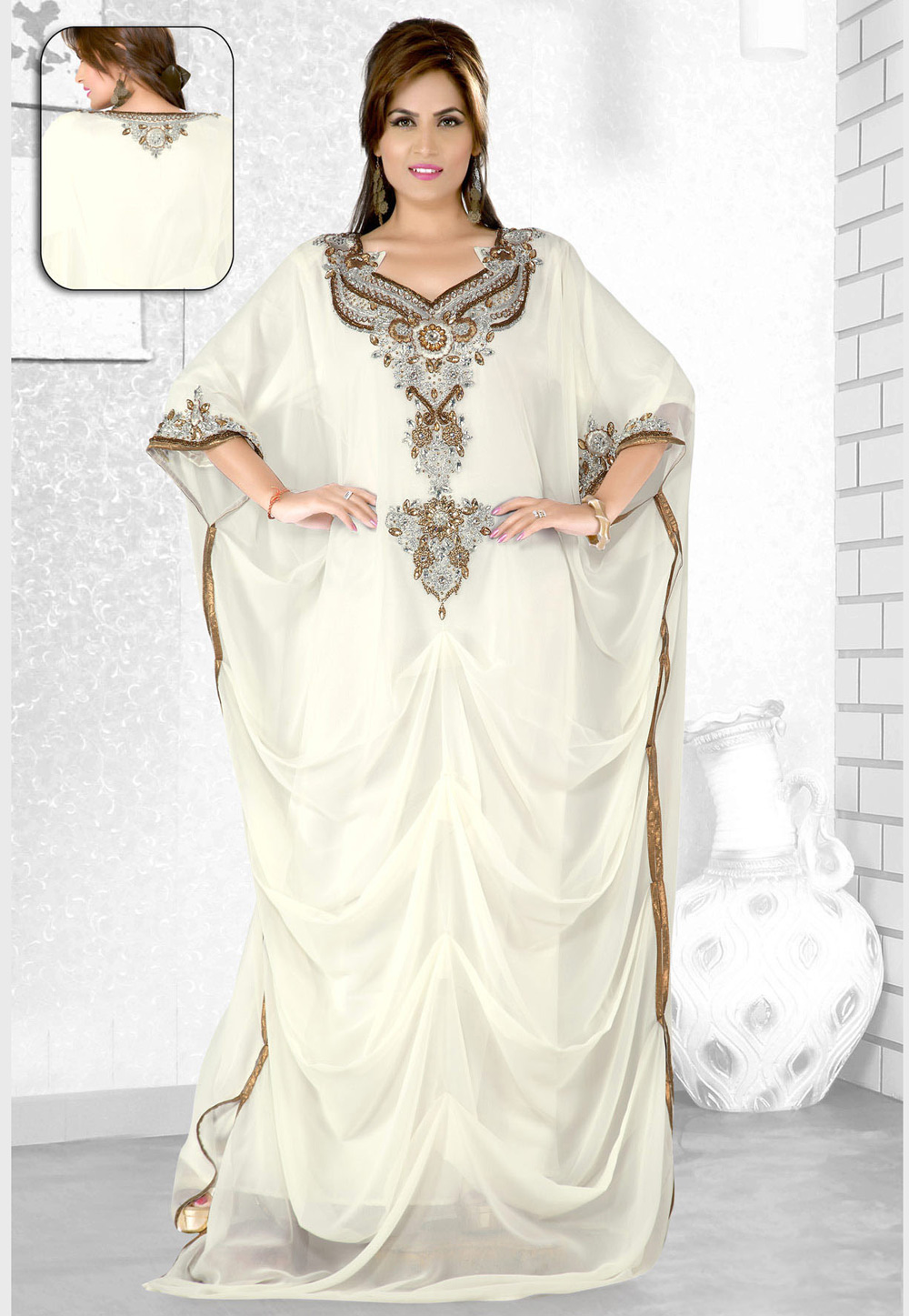 Off White Faux Georgette Embroidered Readymade Farasha 194105