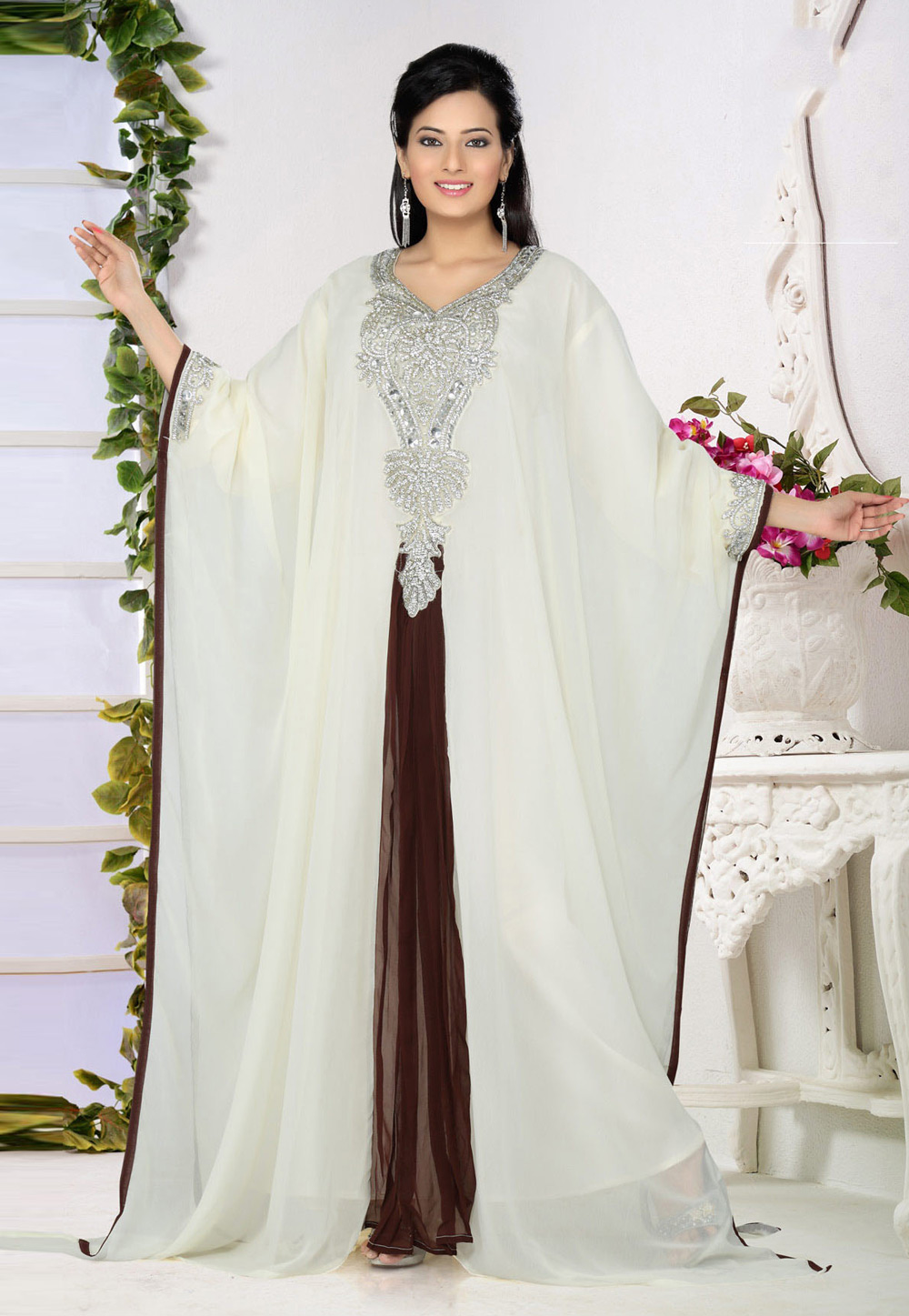 Off White Faux Georgette Embroidered Readymade Farasha 194532