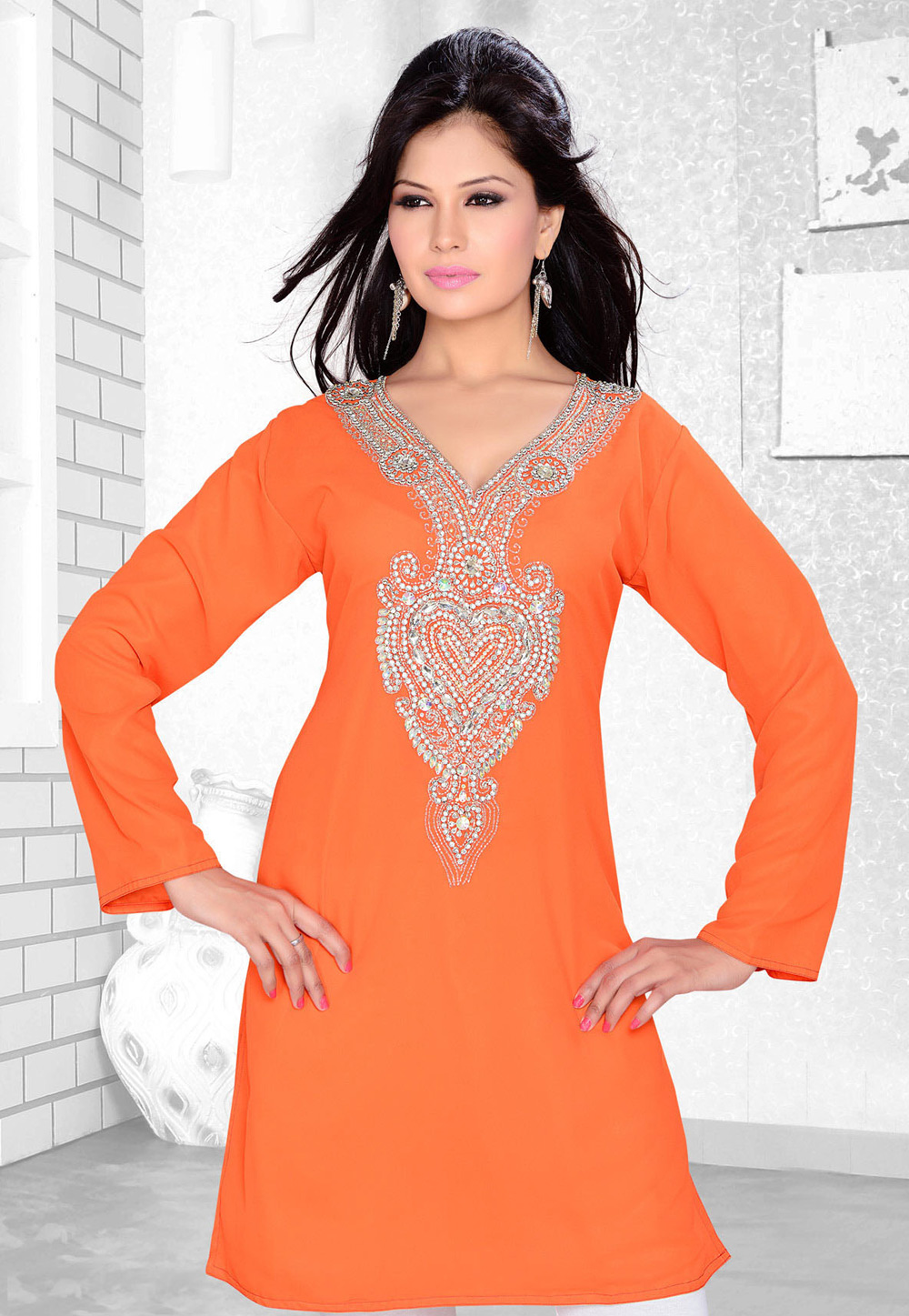Orange Faux Georgette Embroidered Readymade Islamic Kurti 194311
