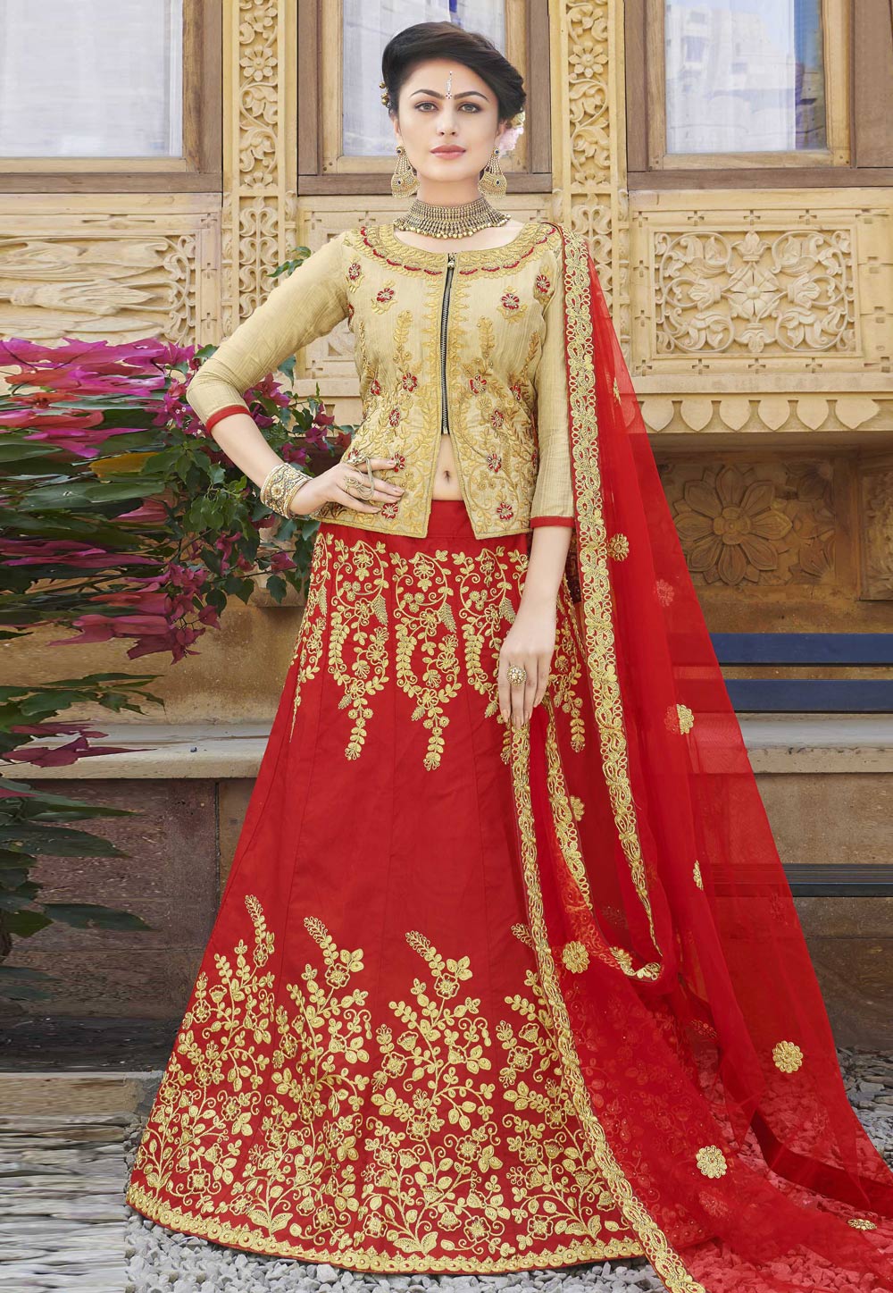 Red Silk Embroidered Peplum and Skirt 168646