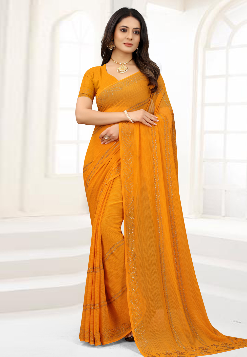 Orange Chiffon Saree With Stone Work 246699