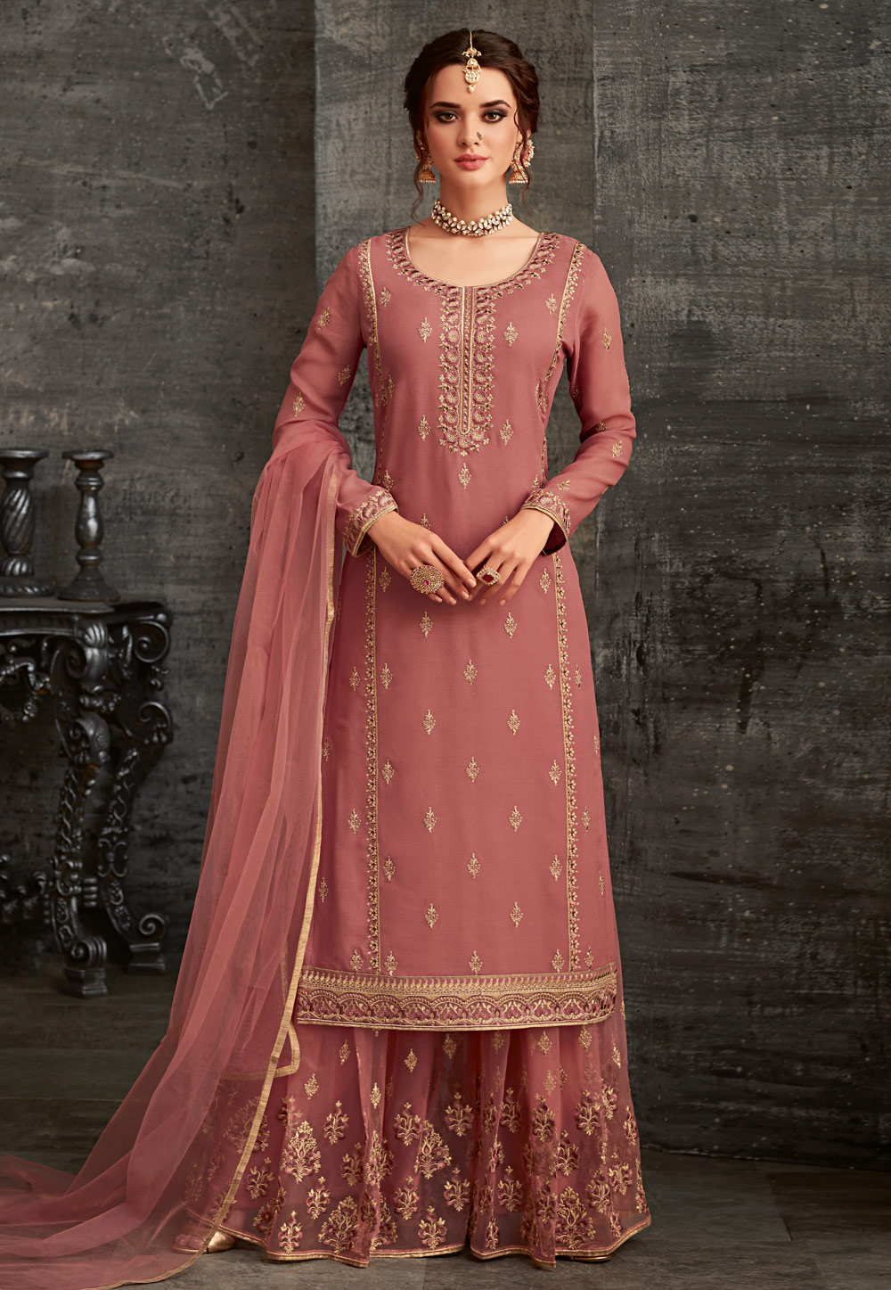 Pink Georgette Kameez With Palazzo 163591