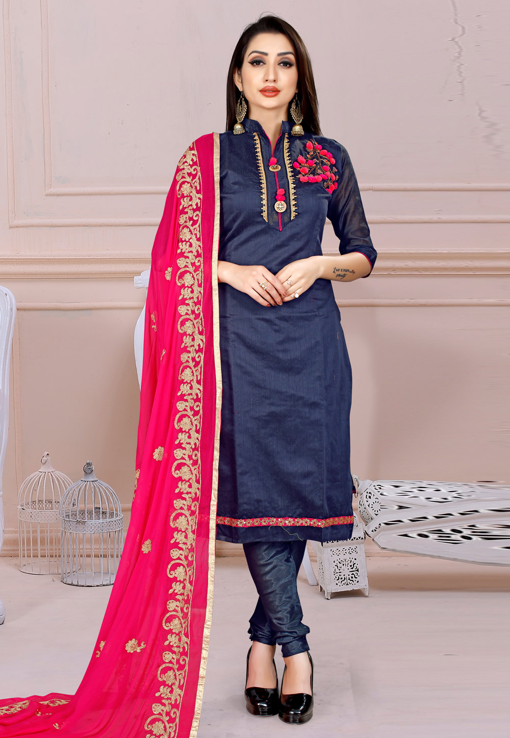 Navy Blue Silk Churidar Suit 182637