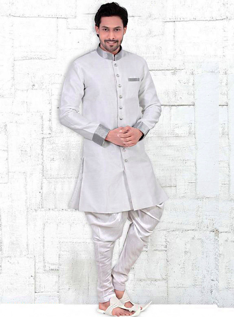 Off White Banglori Silk Readymade Indo Western Suit 72027
