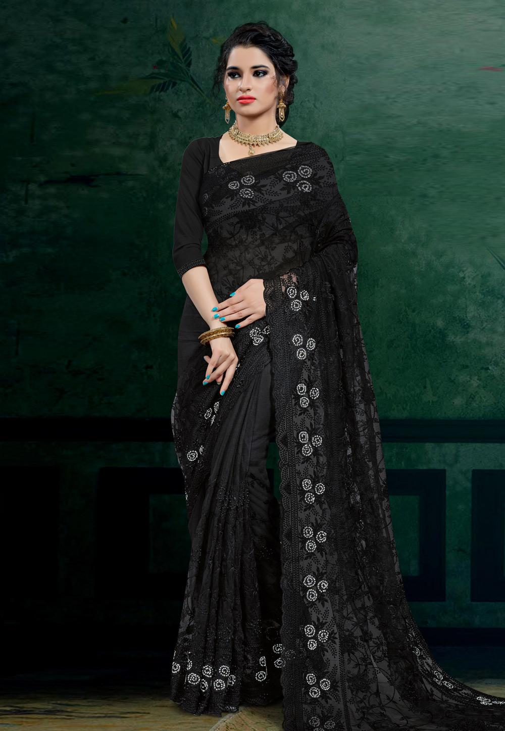 Black Net Festival Wear Saree 206100