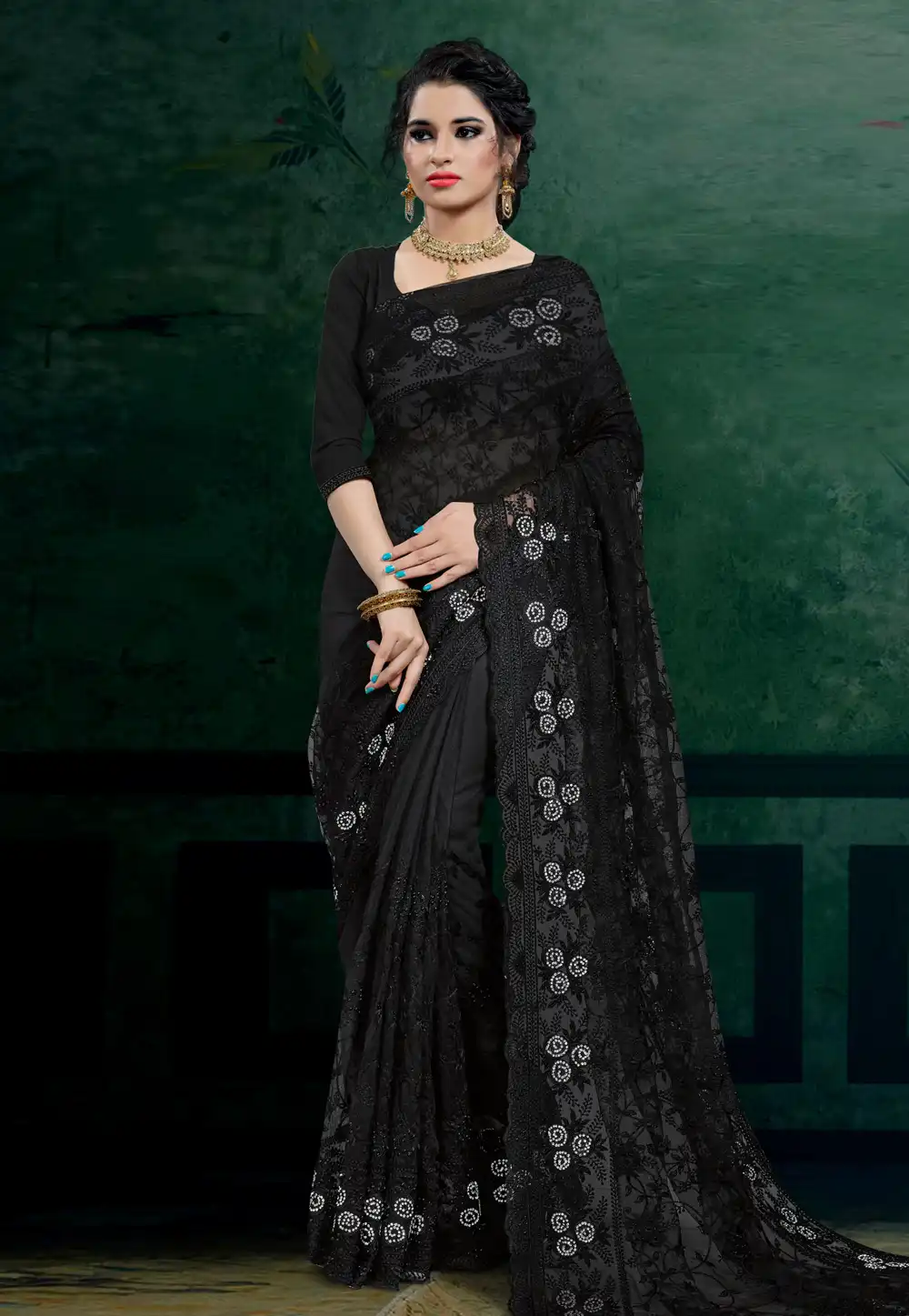 Black Net Festival Wear Saree 206100