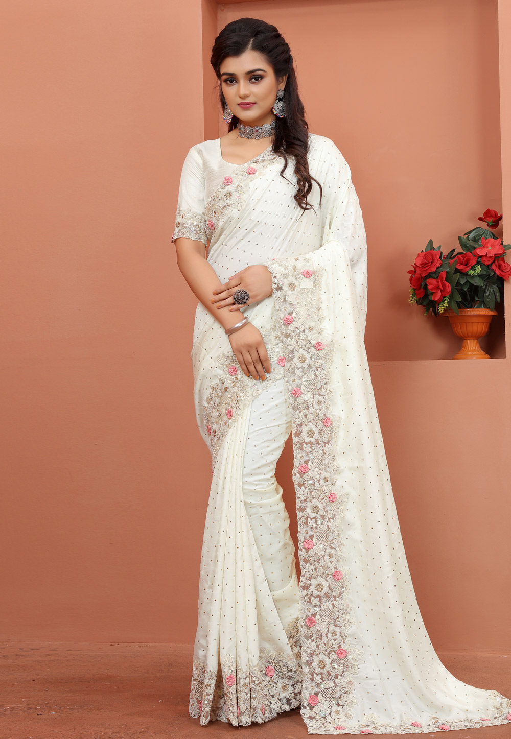 White Satin Silk Saree With Blouse 247558