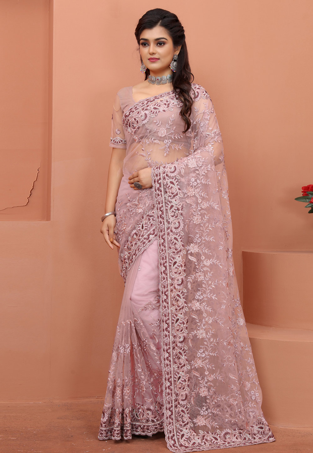 Pink Net Saree With Blouse 247564