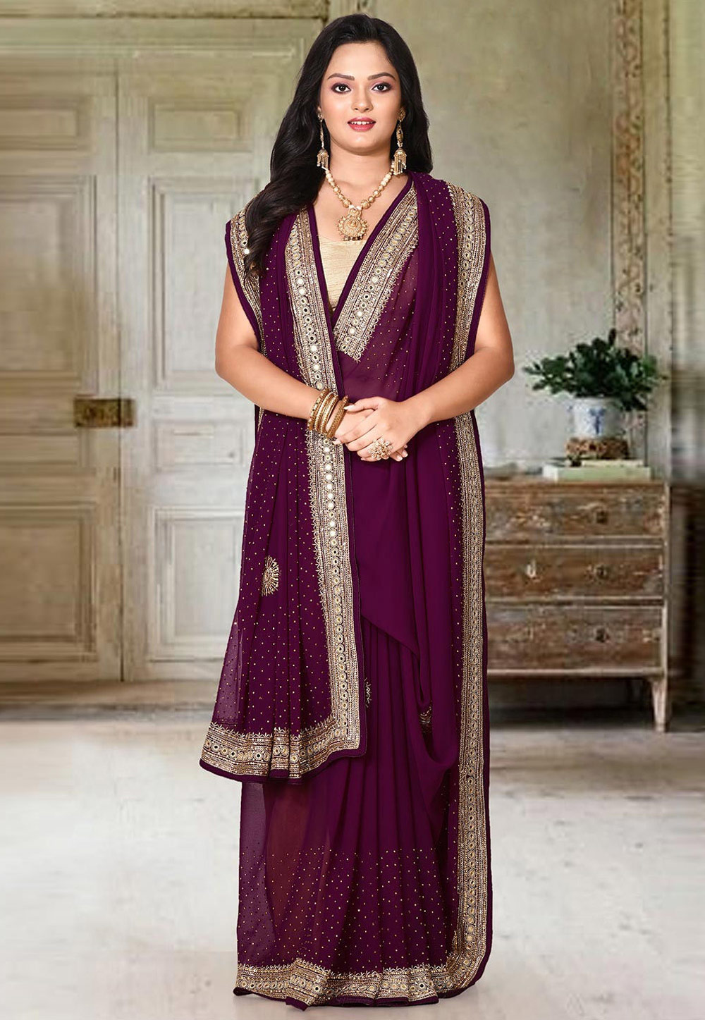 Wine Georgette Festival Wear Saree 242918