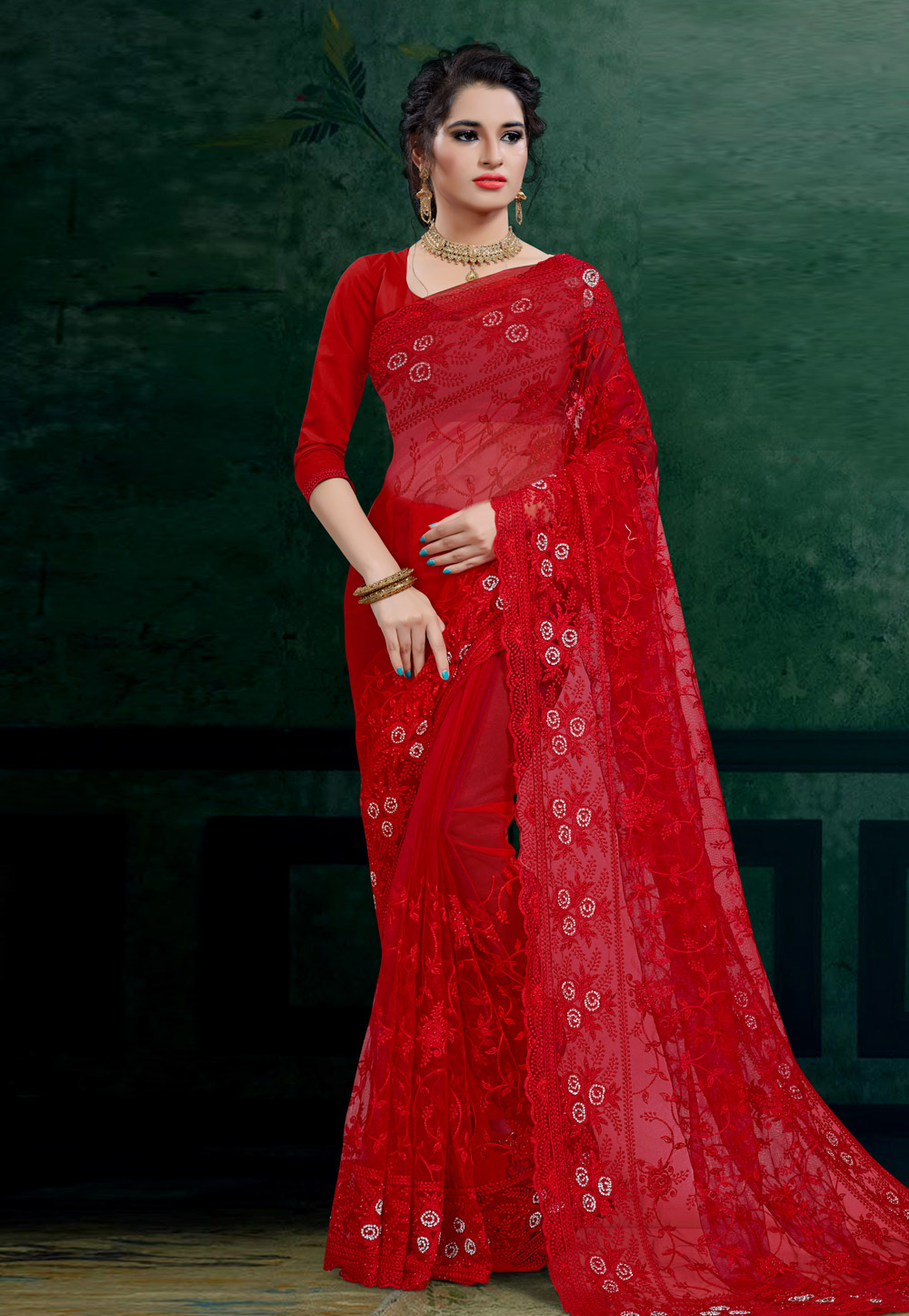 Red Net Festival Wear Saree 206102
